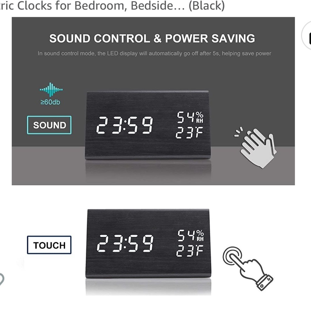 Digital alarm clock black wood green light new - Picture 4 of 7